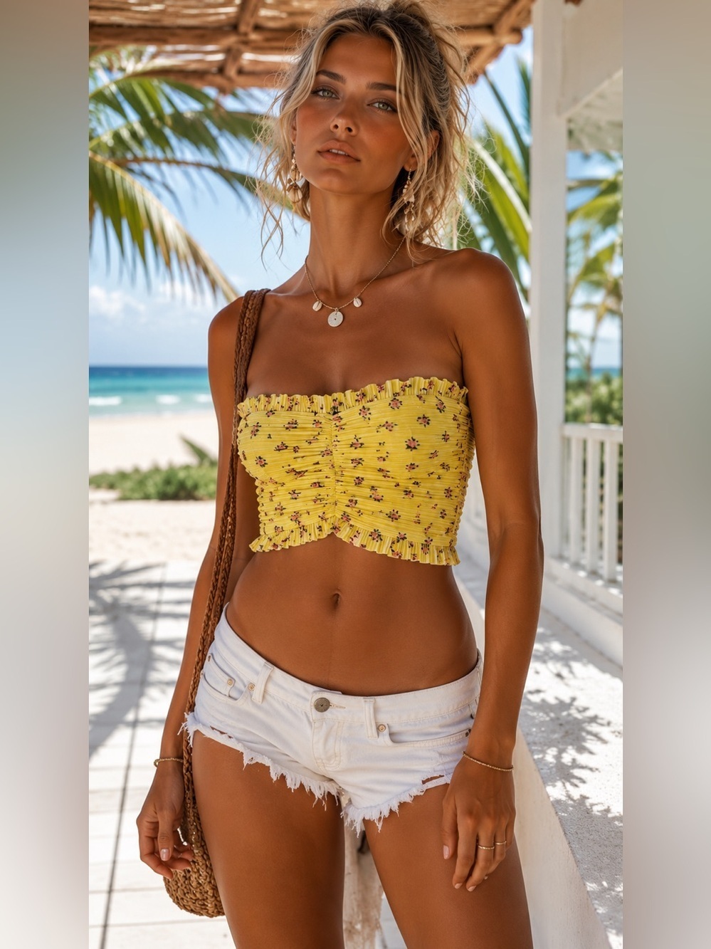 NWOT PrettyLittleThing Yellow Floral Pleated Micro Tube Top Y2K